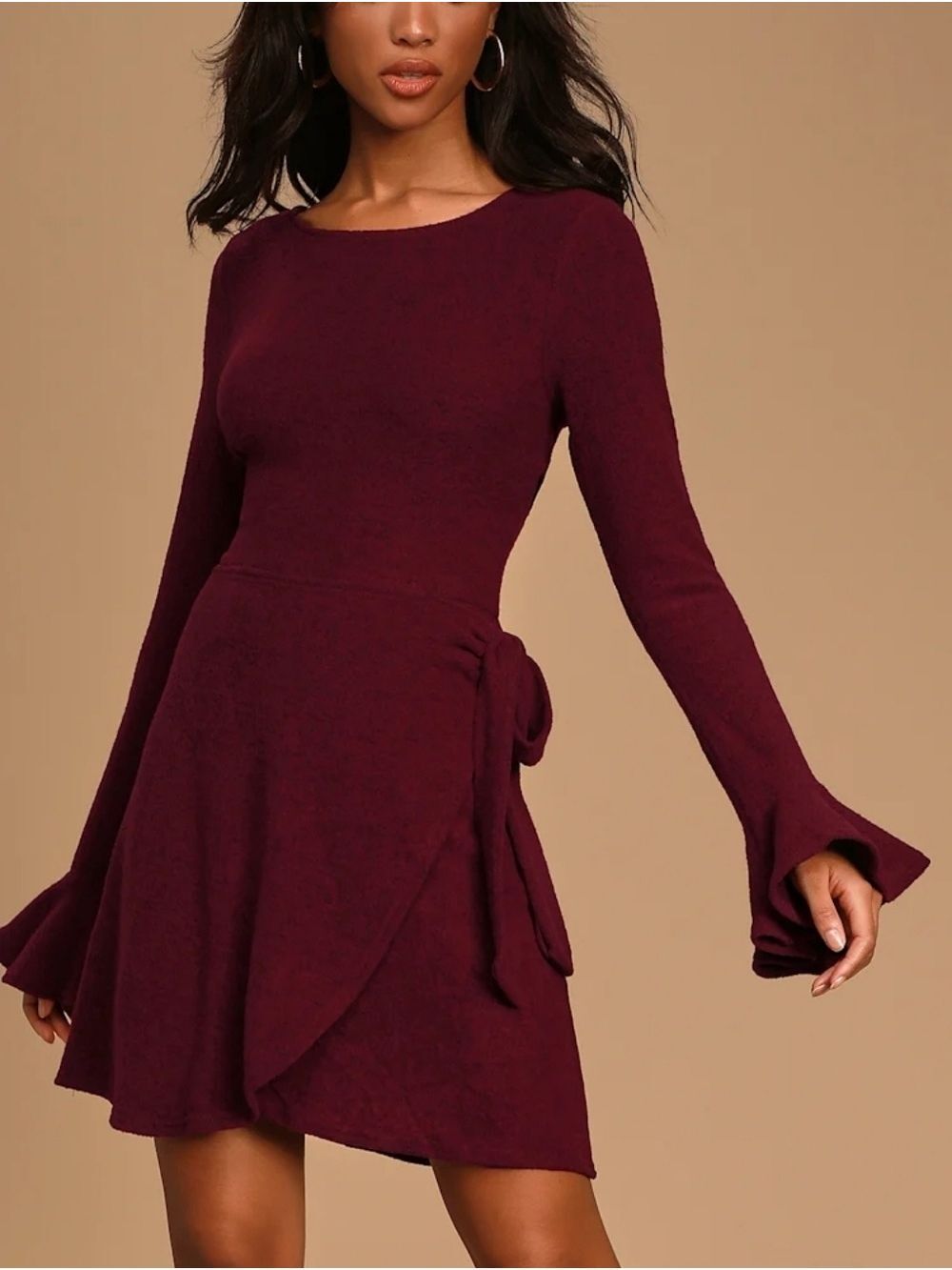 XS • Lulu's • Favorite Tune Burgundy Faux Wrap Long-Sleeve Skater Dress